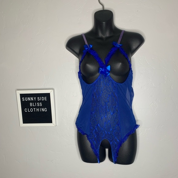 Blue Lace Cut Out Teddy Lingerie w/ Bows Open Back One Size Medium - Picture 1 of 11